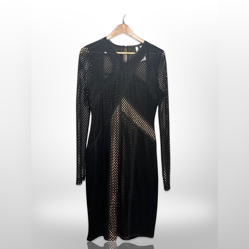 BCBG Maxazria Black Netting Stretchy LBD w/ See Through Long Sleeves